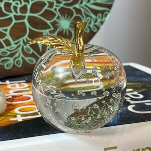 Vintage Clear Glass Apple Paperweight Controlled Bubbles w/ Brass Stem and Leaf